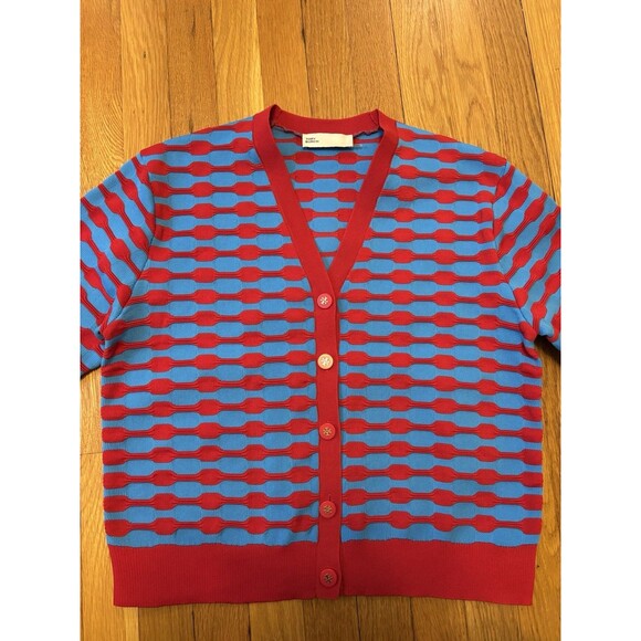 Tory Burch Bubble Stripe Cardigan Sweater Maraschino Red Candy Blue M - Picture 4 of 8